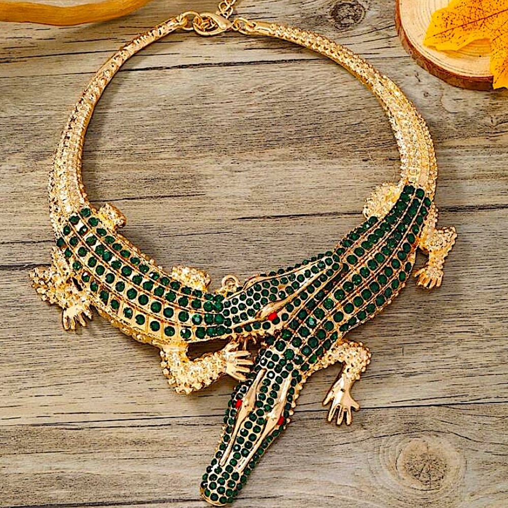 Gold Crocodile Alligator Choker Statement Necklace Double Headed  Emerald Green